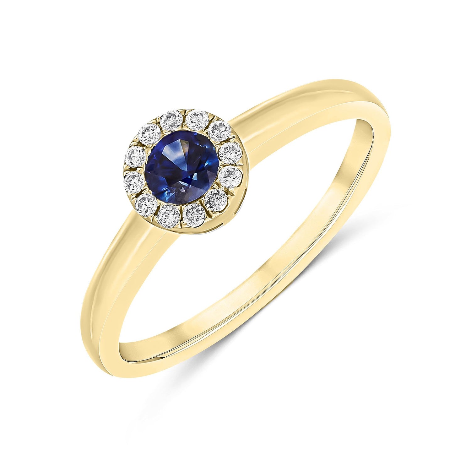 18ct Yellow Gold Round Natural Blue Sapphire and Diamond Halo Cluster Ring — 4mm
