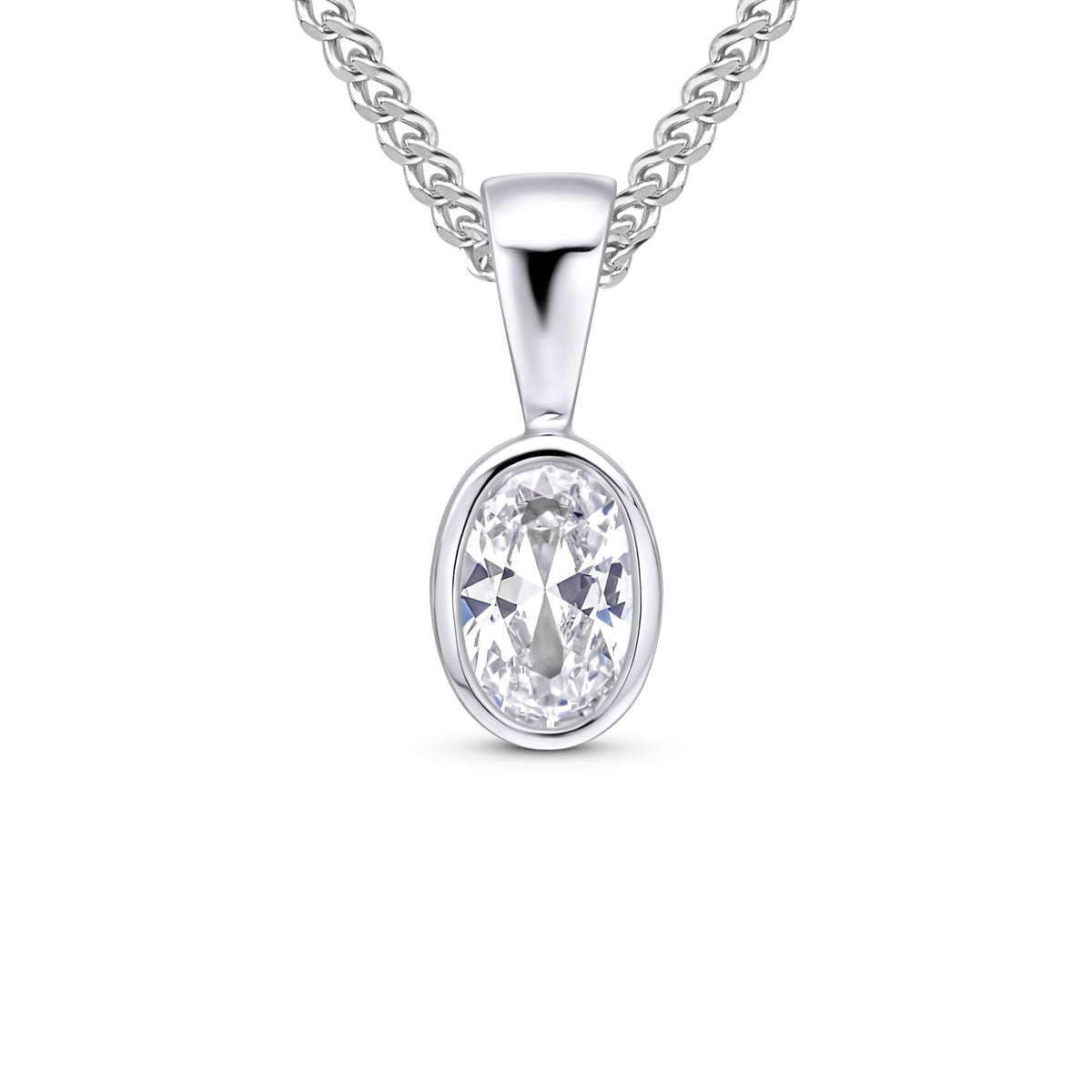 9ct White Gold Oval Cubic Zirconia Rubover Pendant — 6x4mm