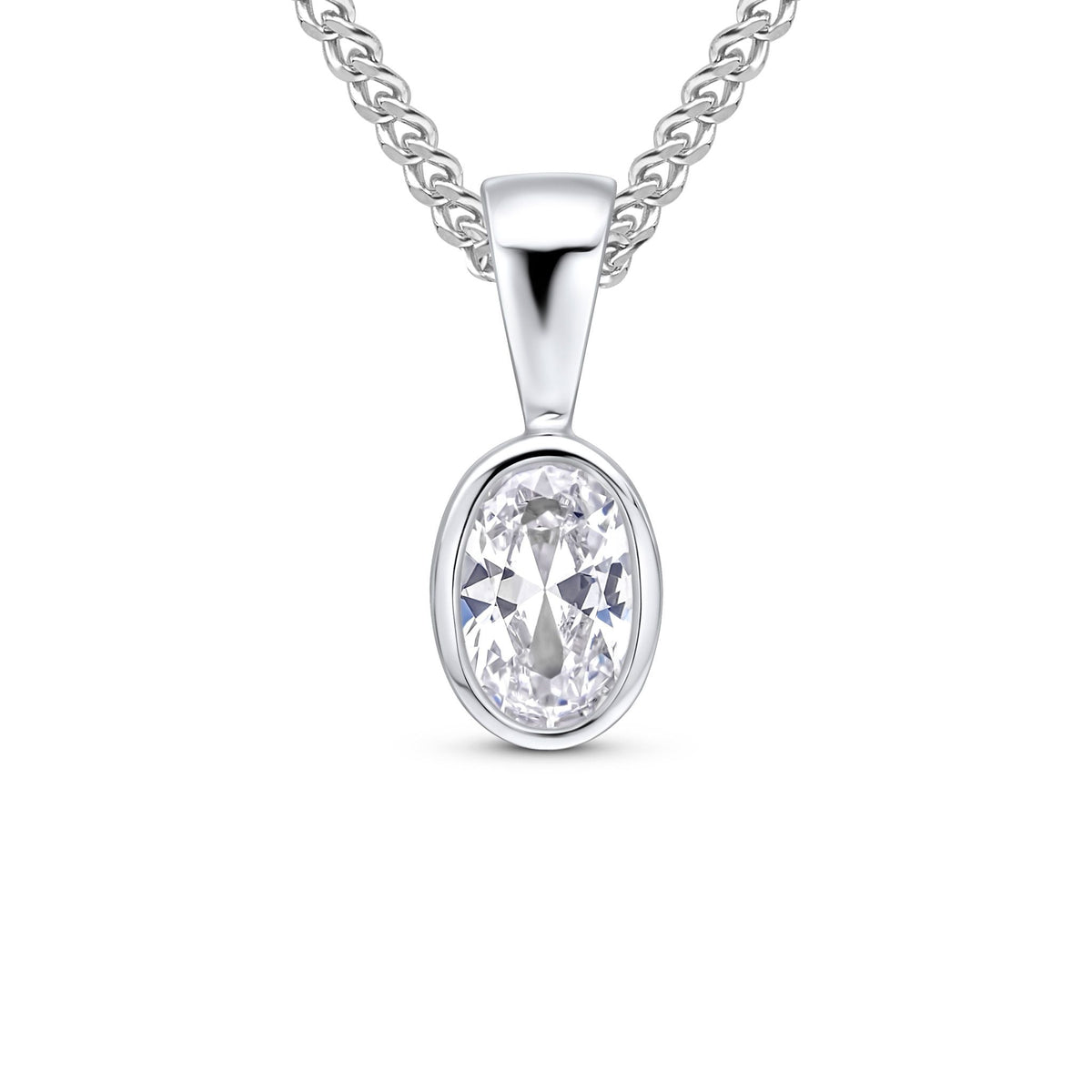 9ct White Gold Oval Cubic Zirconia CZ Rubover Pendant — 6x4mm