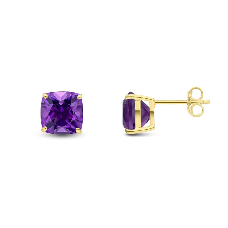 9ct Yellow Gold Cushion Natural Amethyst Claw Stud Earrings — 8mm