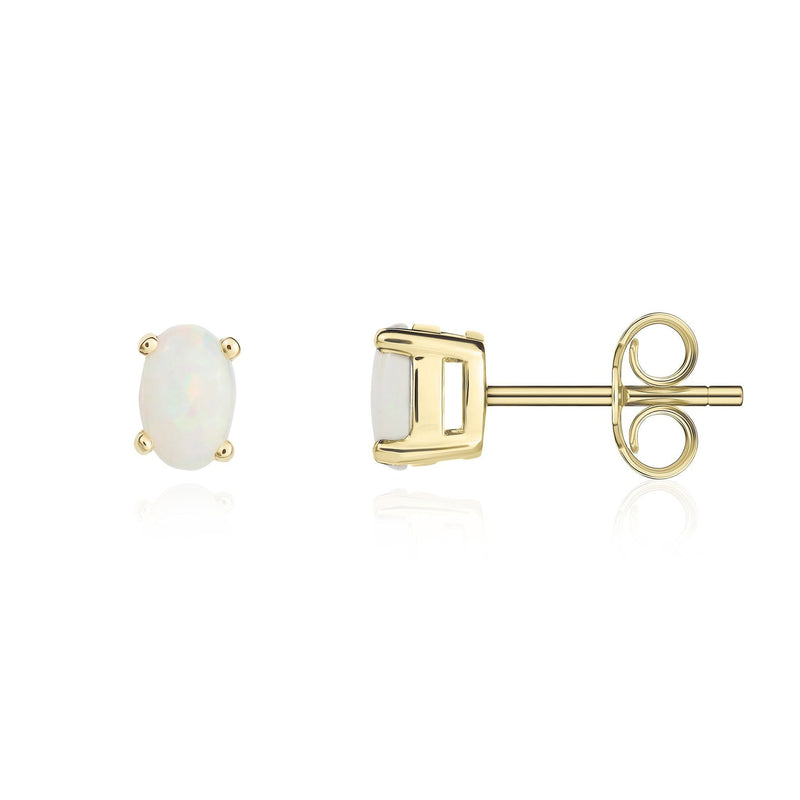 9ct Yellow Gold Oval Natural Opal Claw Stud Earrings — 6x4mm