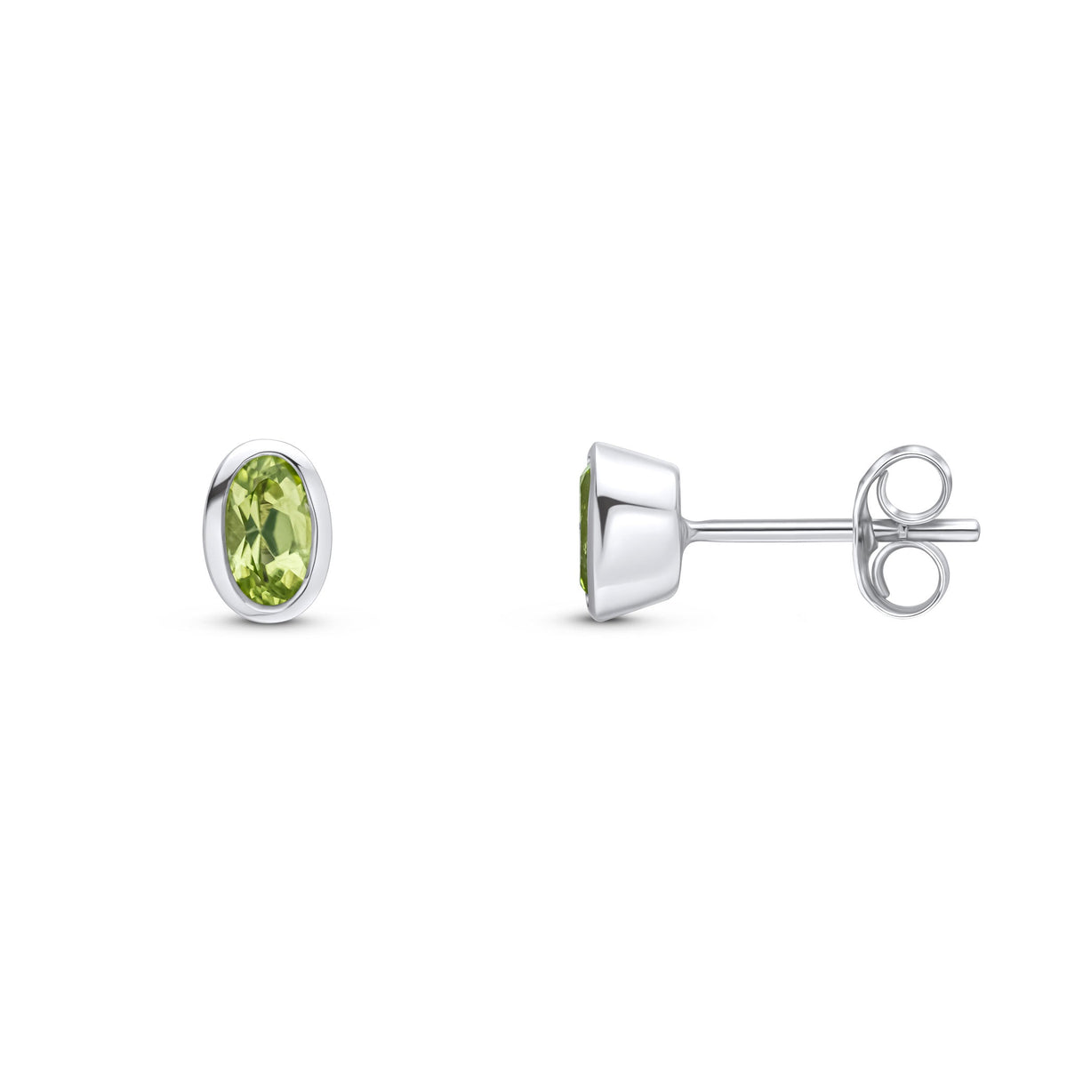 9ct White Gold Oval Natural Peridot Rubover Stud Earrings — 5x3mm