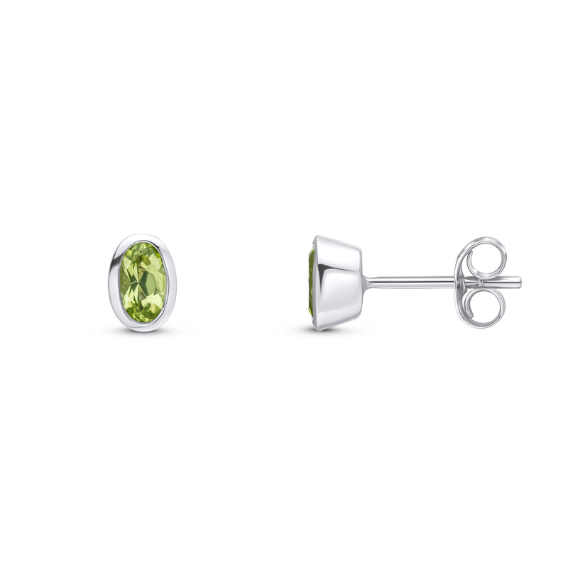 9ct White Gold Oval Natural Peridot Rubover Stud Earrings — 5x3mm