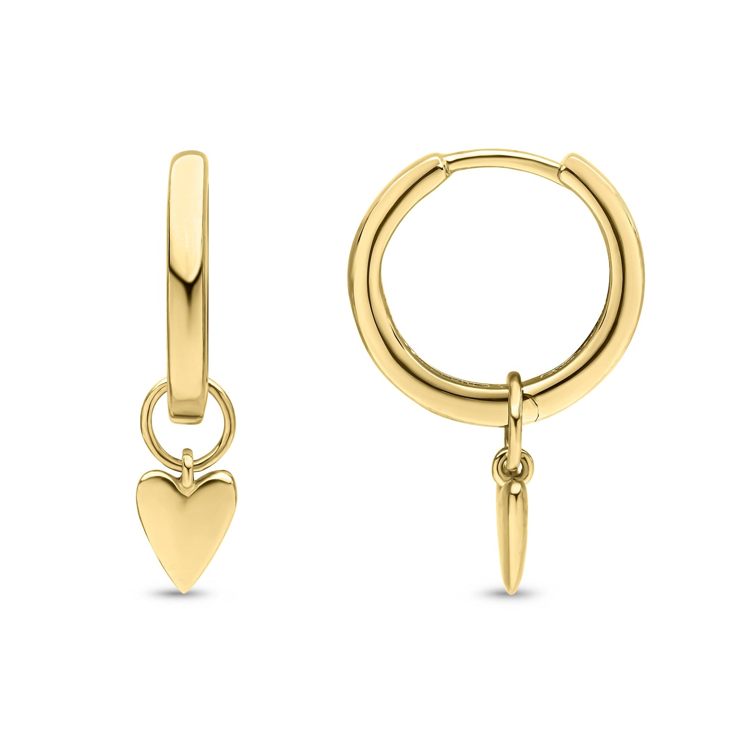 9CT Yellow Gold Hinged Hoop Earrings with Detachable Polished Heart Drop — 17mm