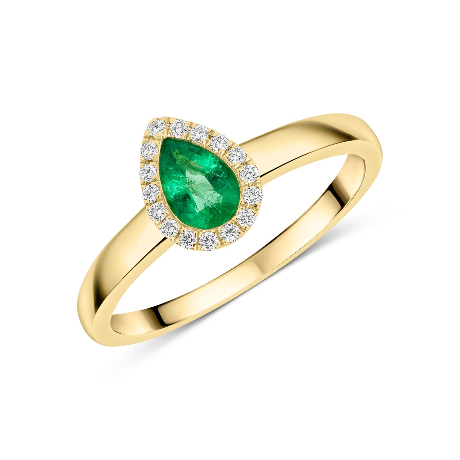 18ct Yellow Gold Pear Shape Emerald and Diamond Microset Cluster Ring — 6x4mm