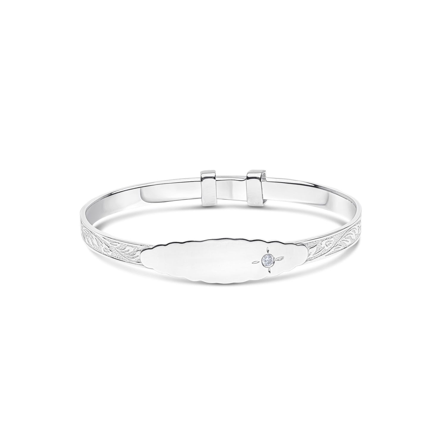 Sterling Silver Floral Engraved Baby Bangle with white Cubic Zirconia