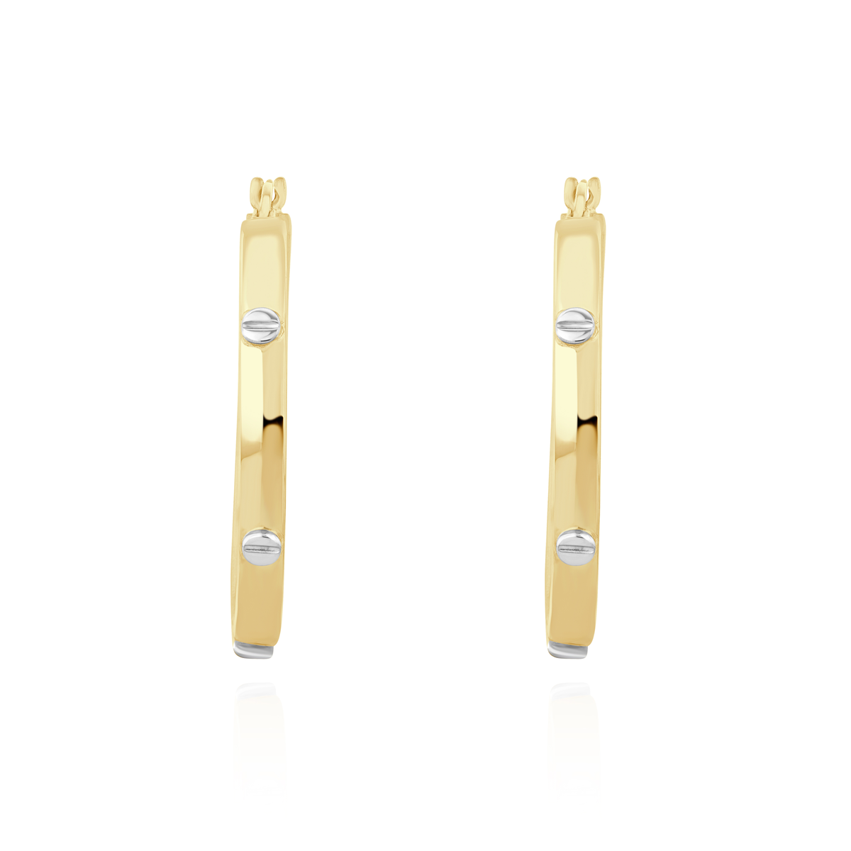 9ct Yellow Gold Square Profile Hoop Earrings with White Gold Screw Motifs — 28x3mm