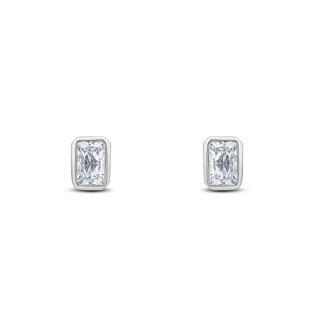 9ct White Gold Octagonal Emerald Cut Cubic Zirconia CZ Rubover Stud Earrings — 5x3mm