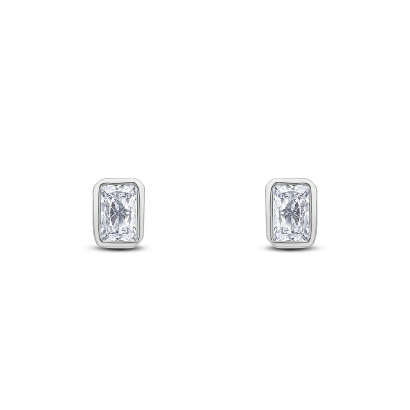 9ct White Gold Octagonal Emerald Cut Cubic Zirconia CZ Rubover Stud Earrings — 5x3mm