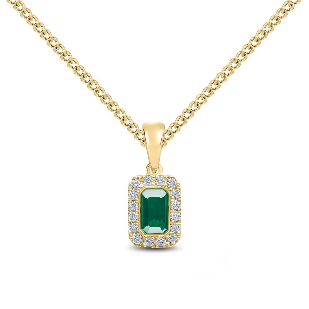 18ct Yellow Gold Octagonal Emerald Cut Natural Emerald and Round Diamond Microset Cluster Pendant — 5x3mm