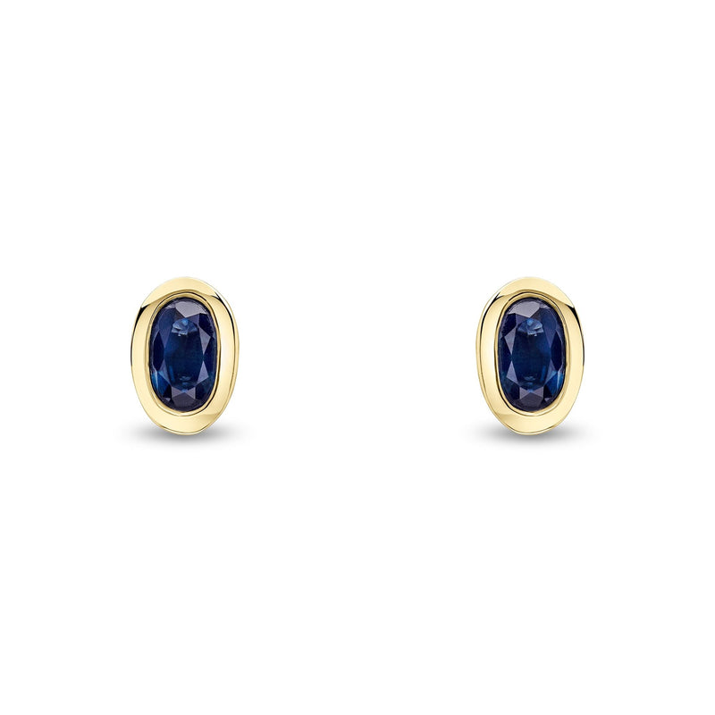 9ct Yellow Gold Oval Natural Sapphire Rubover Stud Earrings — 5x3mm