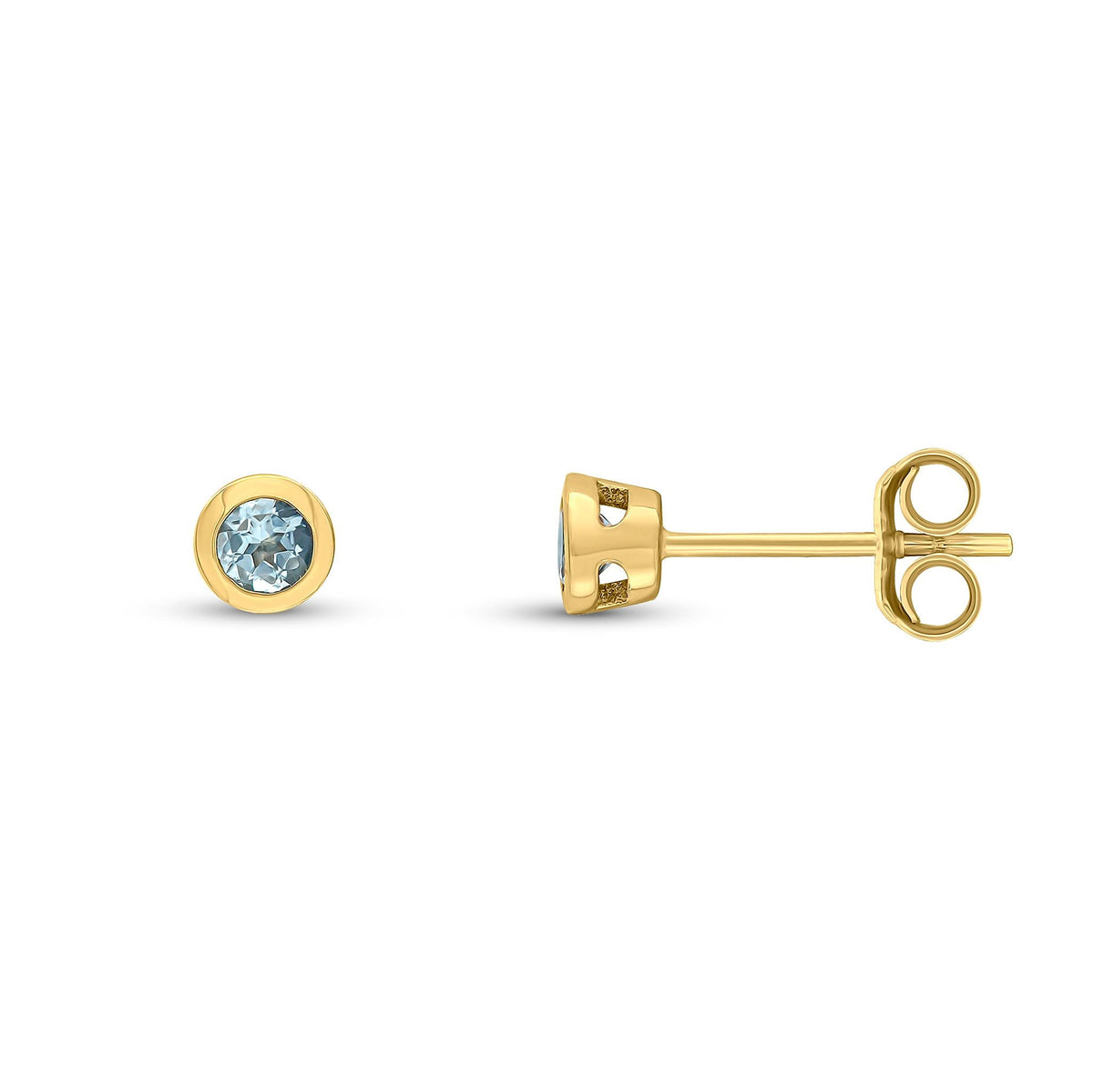 9ct Yellow Gold Round Natural Aquamarine Rubover Stud Earrings — 3mm
