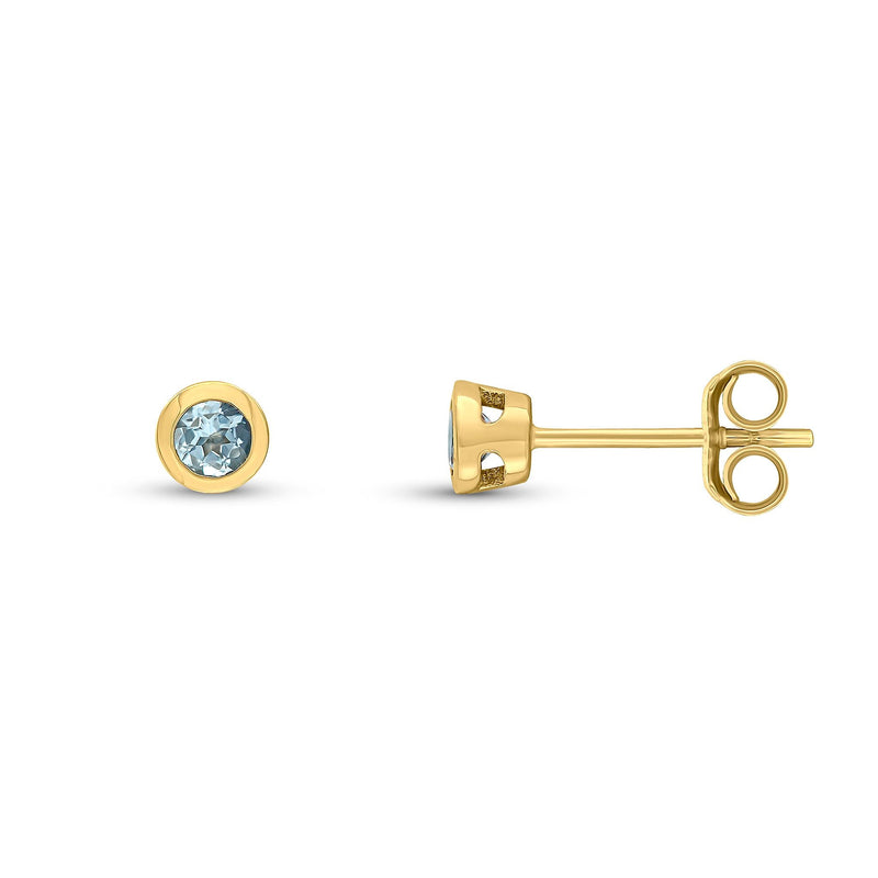9ct Yellow Gold Round Natural Aquamarine Rubover Stud Earrings — 3mm
