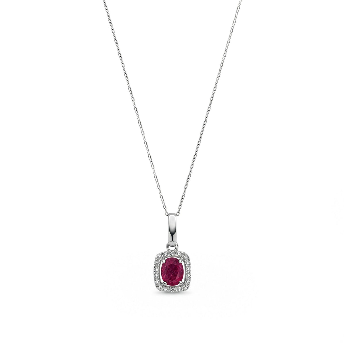 9ct White Gold Oval Natural Ruby and Round Diamond Cushion Cluster Pendant