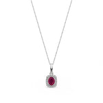 9ct White Gold Oval Natural Ruby & Diamond Cushion Cluster Pendant — 5x4mm