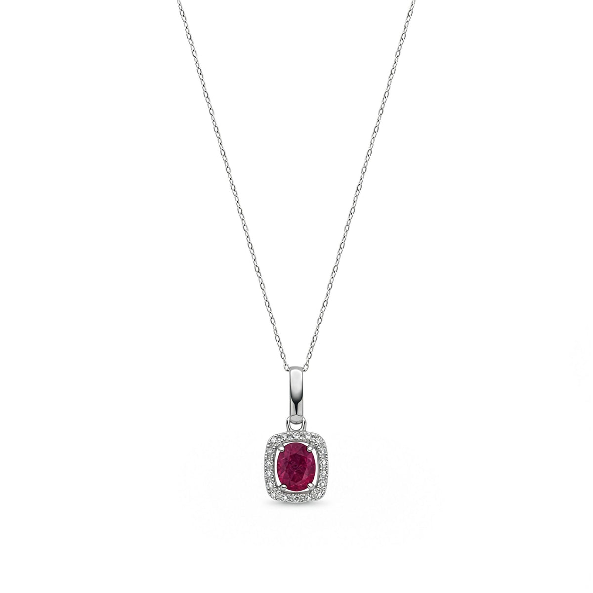 9ct White Gold Oval Natural Ruby & Diamond Cushion Cluster Pendant — 5x4mm