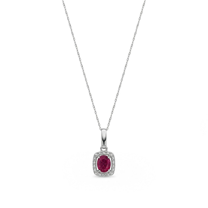 9ct White Gold Oval Natural Ruby & Diamond Cushion Cluster Pendant — 5x4mm