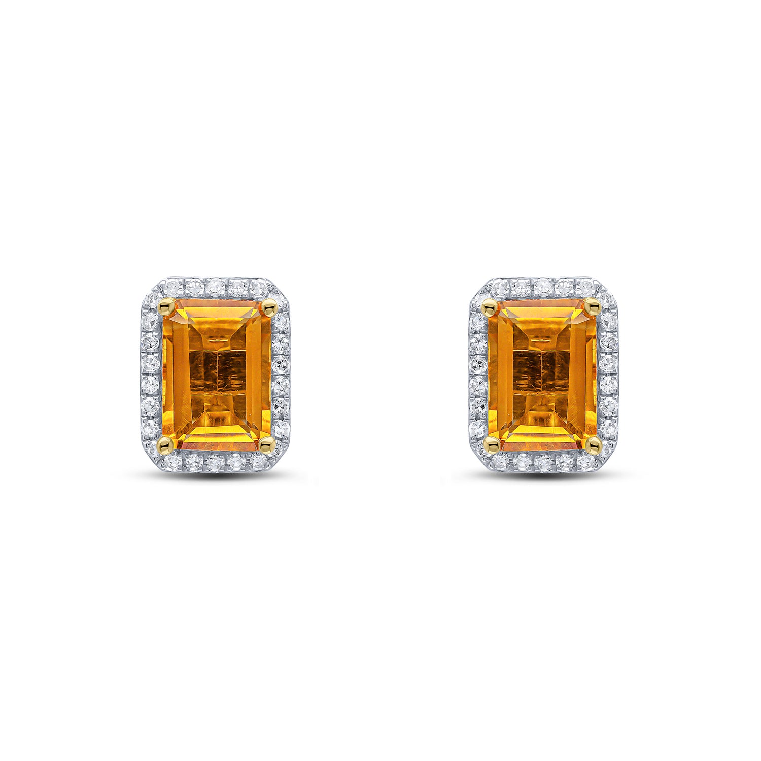 9ct Yellow Gold Octagonal Emerald Cut Natural Citrine and Diamond Cluster Earrings — 7x5mm