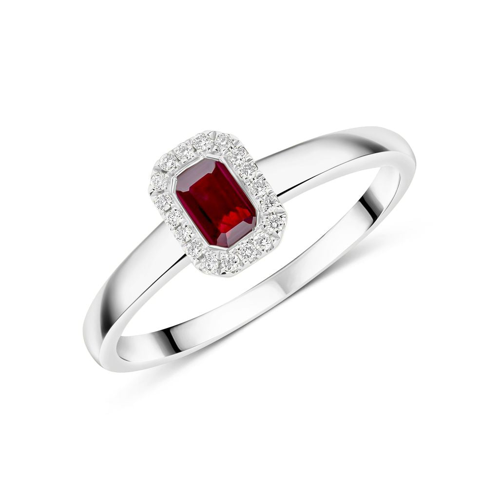 18ct White Gold Emerald Cut Ruby and Diamond Microset Cluster Ring — 5x3mm