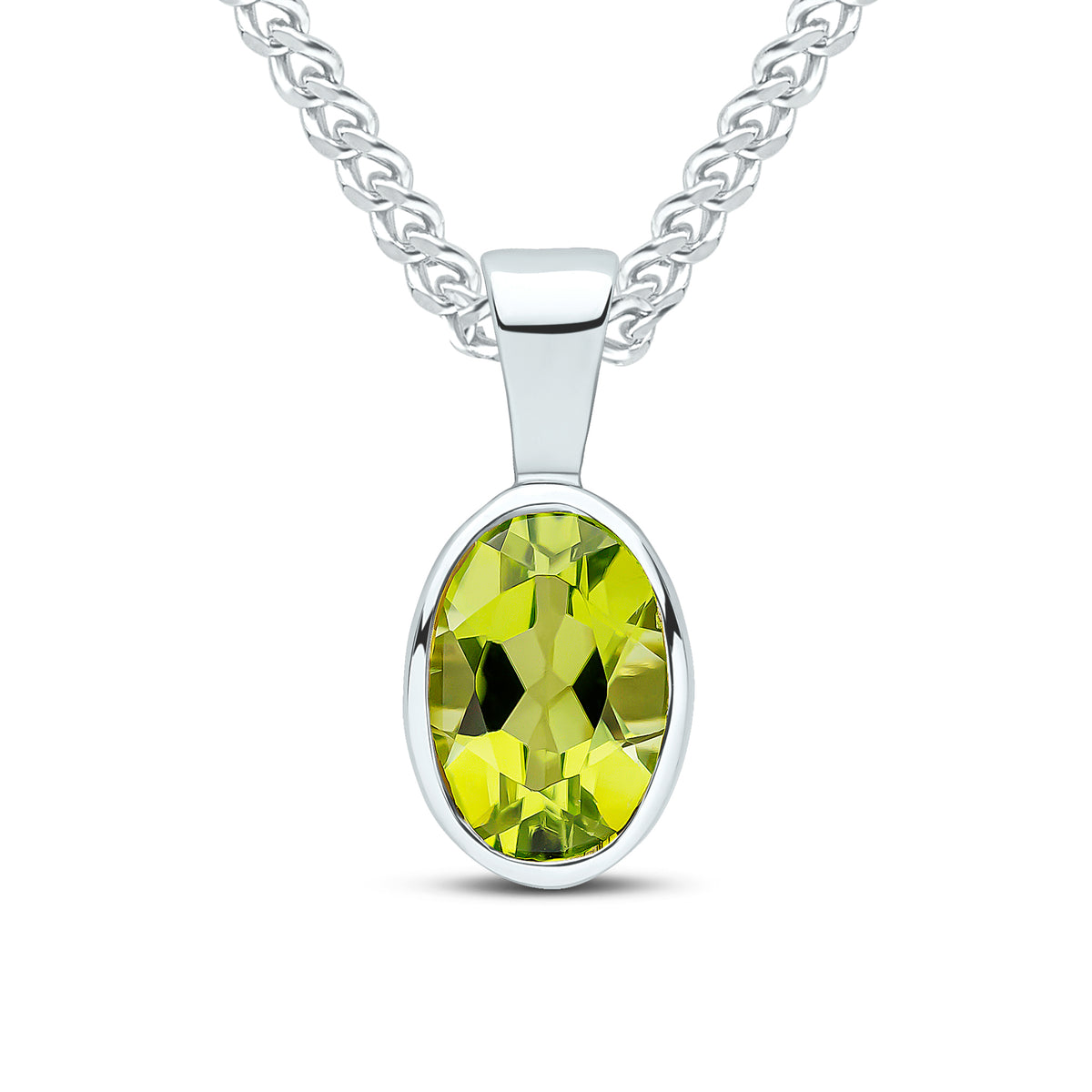 9ct White Gold Oval Natural Peridot Rubover Pendant — 7x5mm
