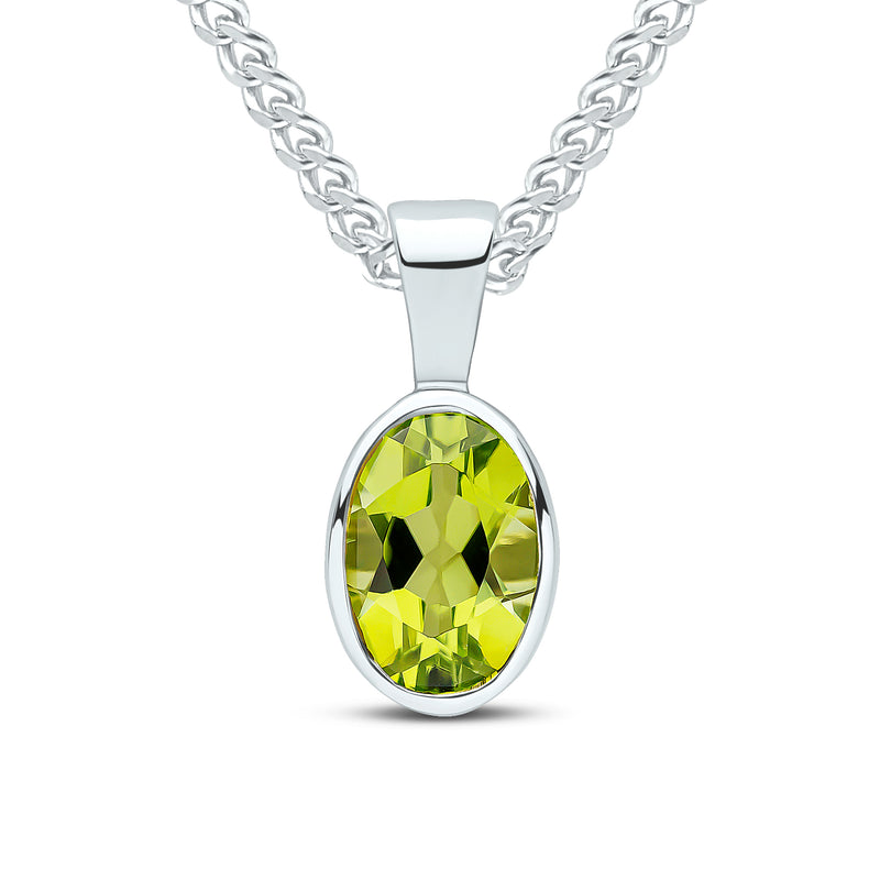 9ct White Gold Oval Natural Peridot Rubover Pendant — 7x5mm