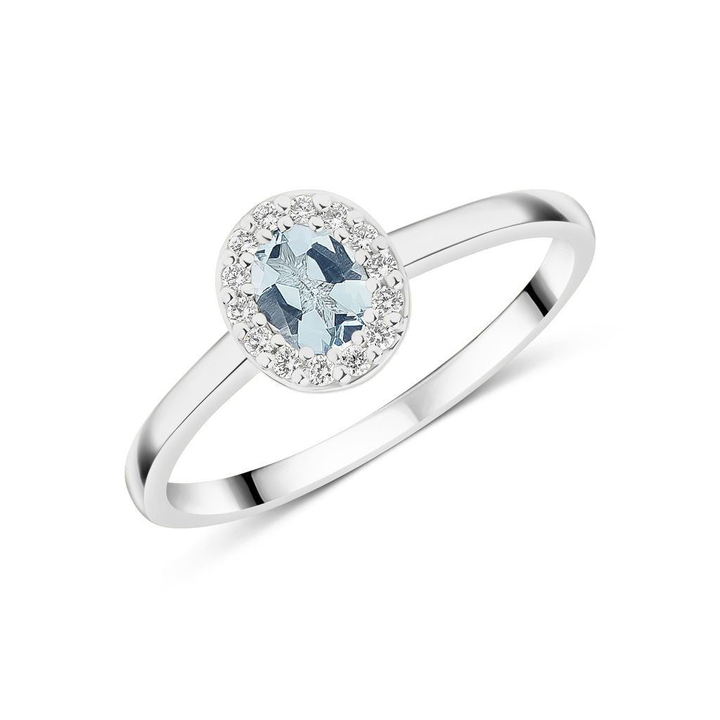 18ct White Gold Oval Aquamarine and Diamond Microset Cluster Ring — 5x4mm
