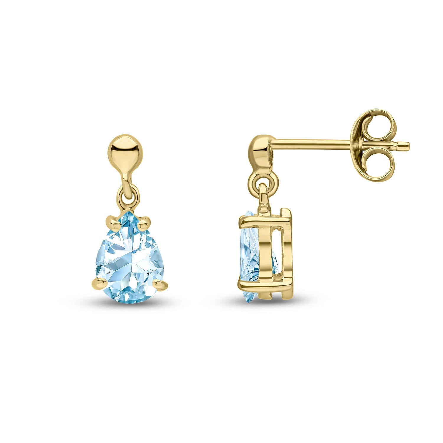 9ct Yellow Gold Pear Shaped Natural Aquamarine Claw Drop Earrings with Bead Tops — 7x5mm
