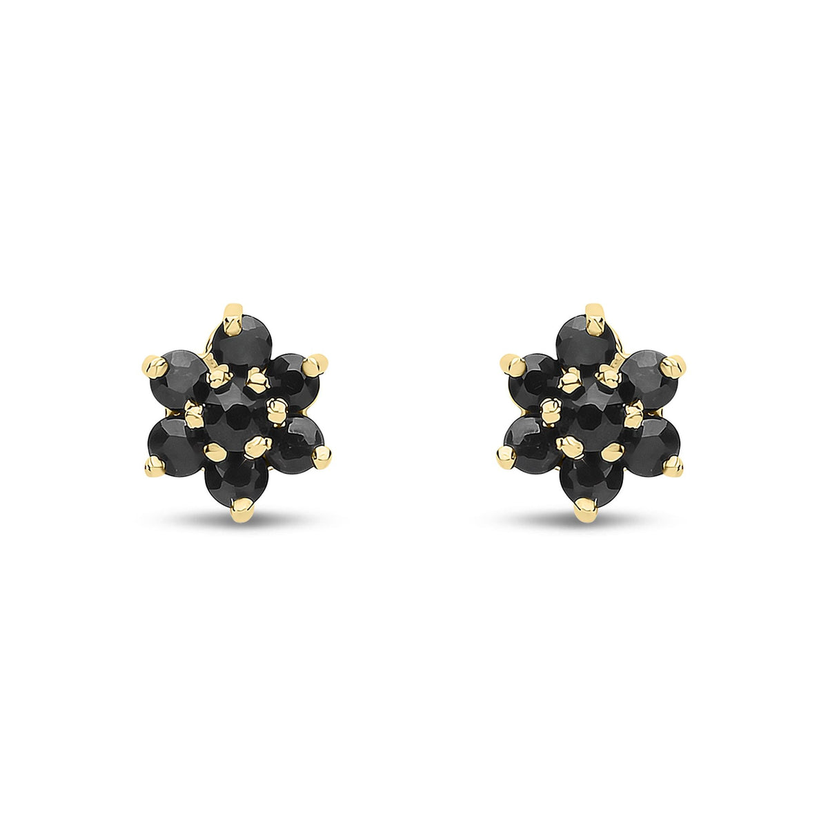 9ct Yellow Gold Natural Black Sapphire Flower Cluster Stud Earrings