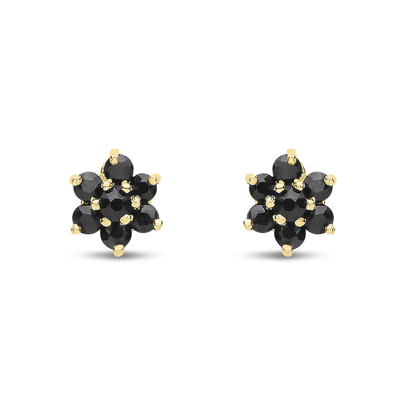 9ct Yellow Gold Natural Black Sapphire Flower Cluster Stud Earrings