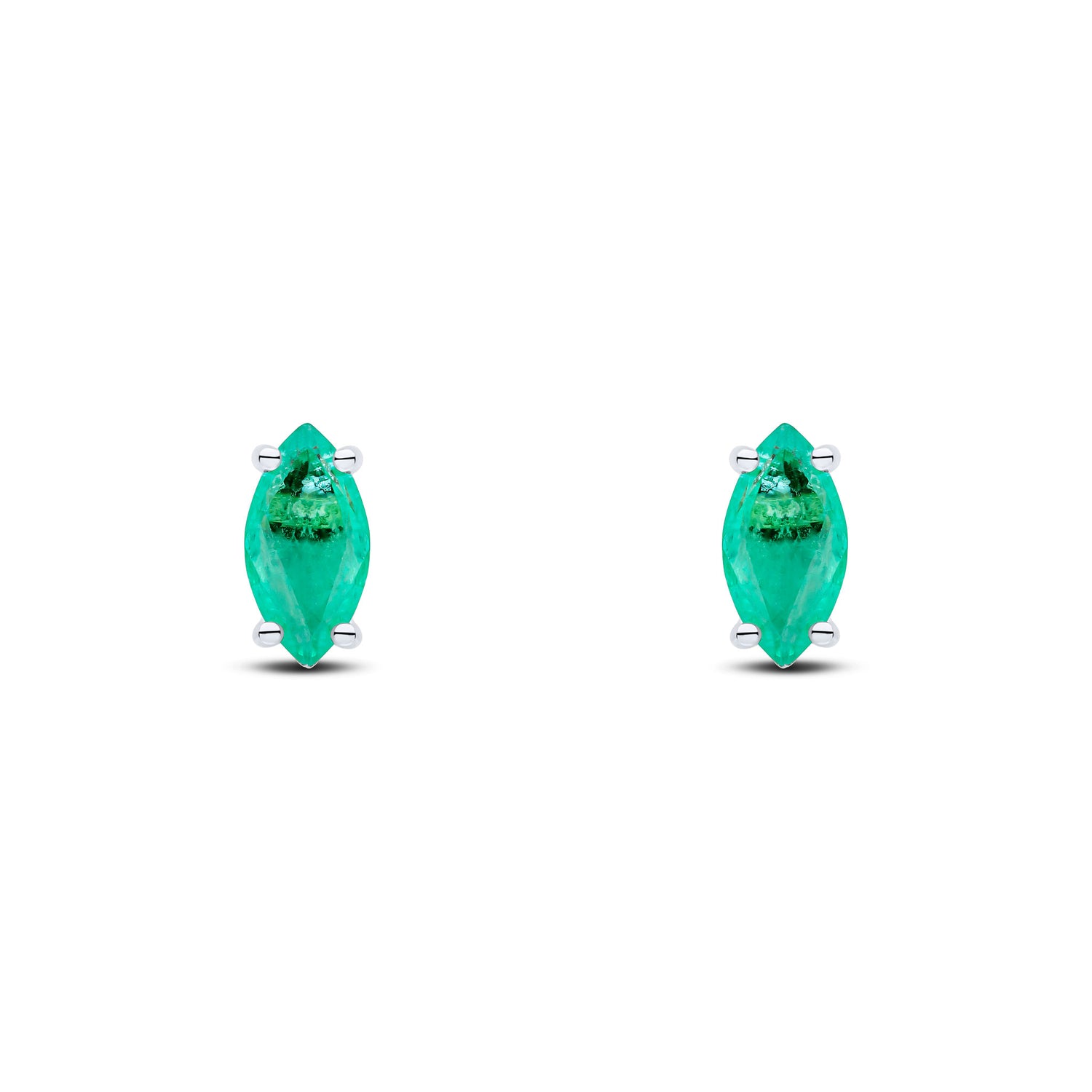 9ct White Gold Marquise Natural Emerald Claw Stud Earrings — 8x4mm
