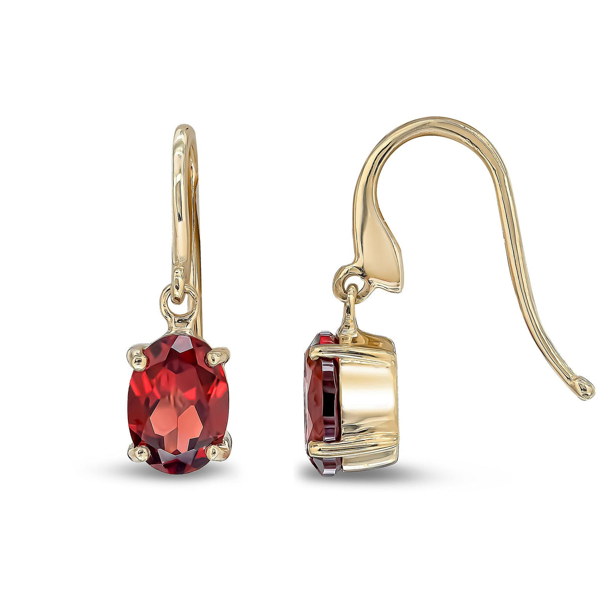 9ct Yellow Gold Oval Natural Garnet Claw Hook Wire Drop Earrings — 7x5mm