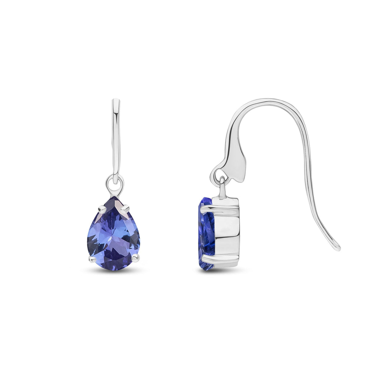9ct White Gold Pear Shaped Natural Tanzanite Claw Wire Hook Drop Earrings