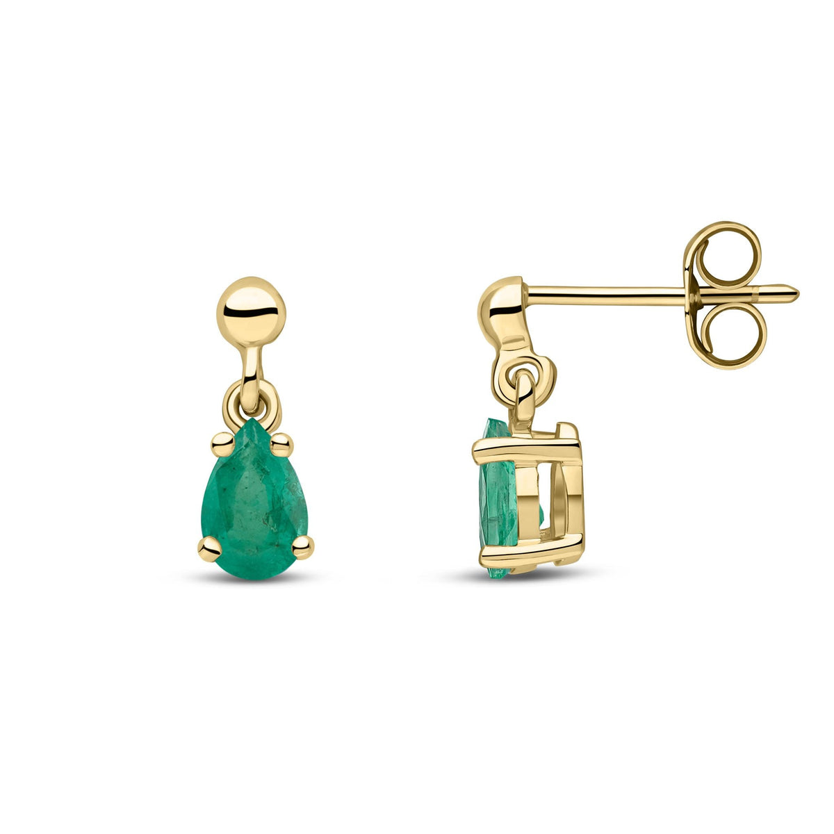 9ct Yellow Gold Pear Shaped Natural Emerald Claw Drop Earrings — 6x4mm