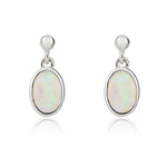 9ct White Gold Natural Oval Opal Rubover Drop Earrings — 6x4mm