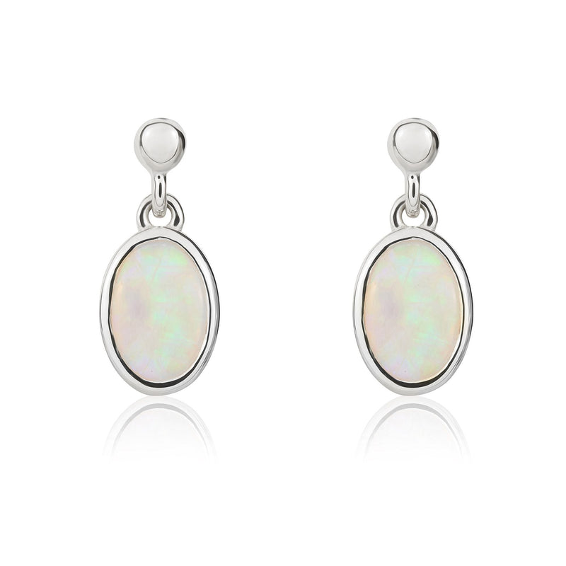 9ct White Gold Natural Oval Opal Rubover Drop Earrings — 6x4mm