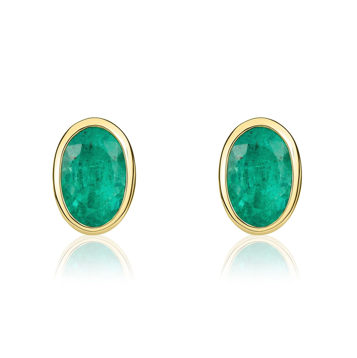 9ct Yellow Gold Oval Natural Emerald Rubover Stud Earrings — 6x4mm