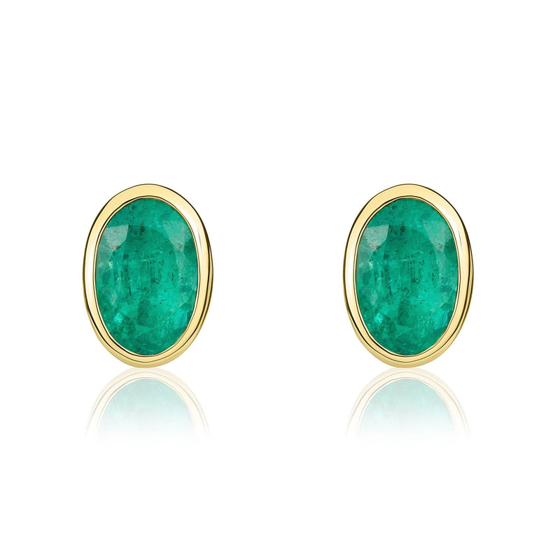 9ct Yellow Gold Oval Natural Emerald Rubover Stud Earrings — 6x4mm