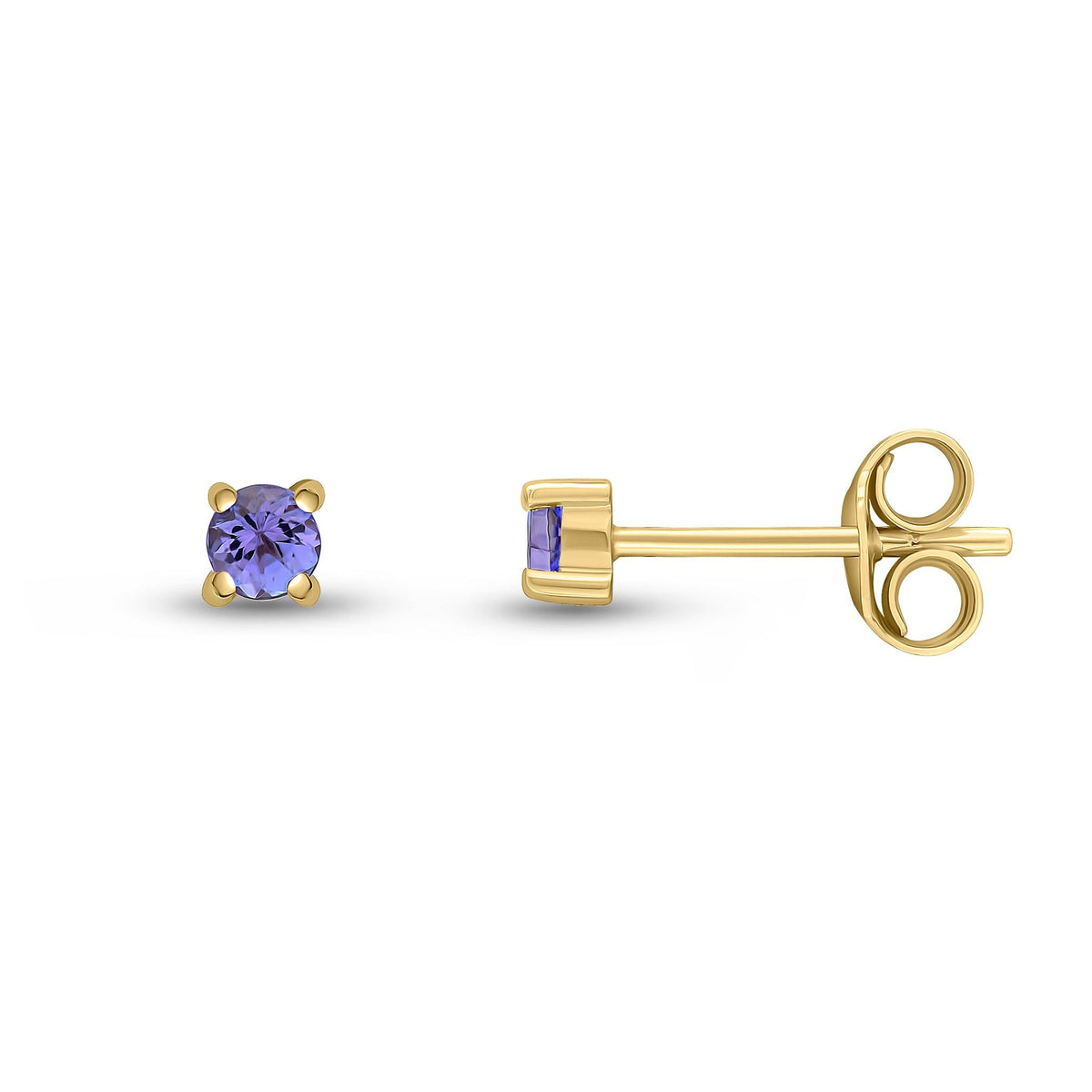 9ct Yellow Gold Round Natural Tanzanite Claw Stud Earrings — 3mm