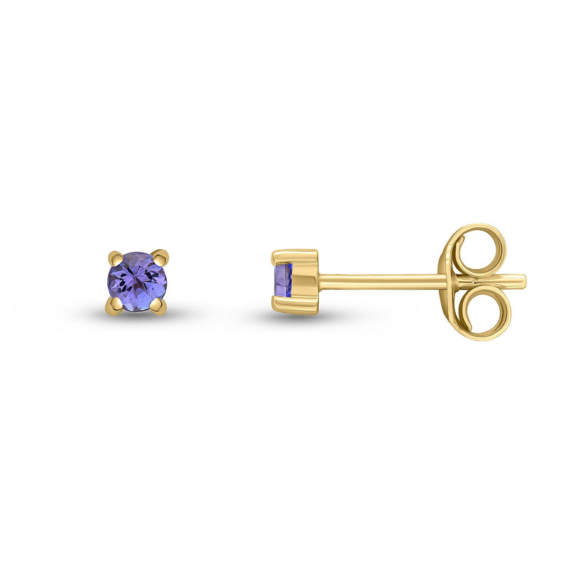 9ct Yellow Gold Round Natural Tanzanite Claw Stud Earrings — 3mm