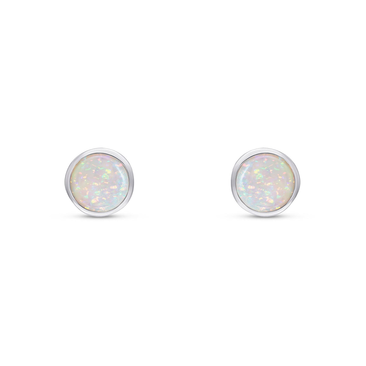 9ct White Gold Round Natural Opal Rubover Stud Earrings — 5mm