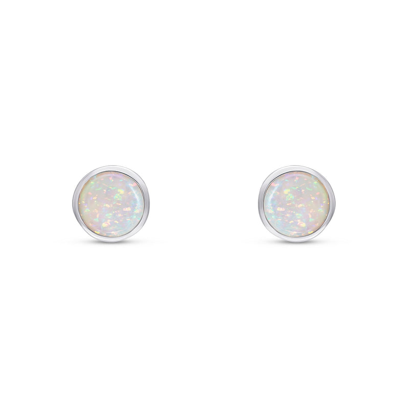 9ct White Gold Round Natural Opal Rubover Stud Earrings — 5mm