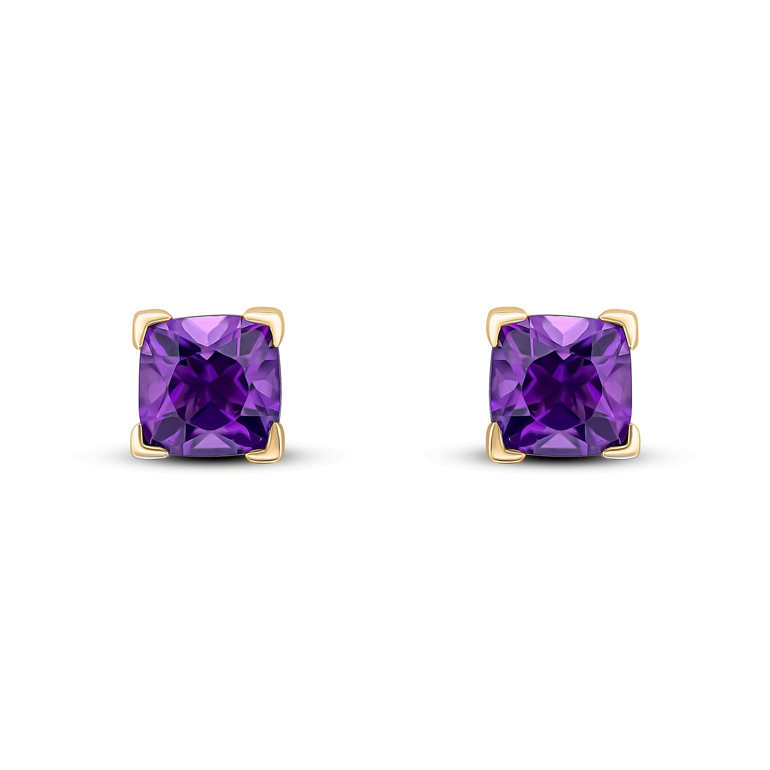 9ct Yellow Gold Cushion Natural Amethyst Claw Stud Earrings — 6mm