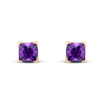 9ct Yellow Gold Cushion Natural Amethyst Claw Stud Earrings — 6mm