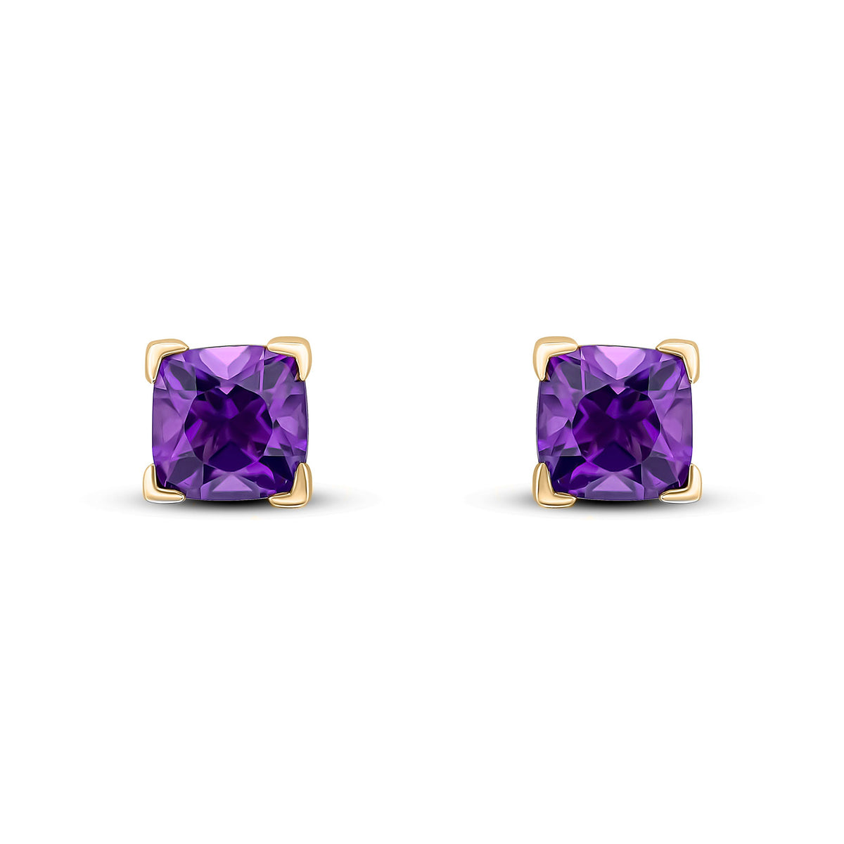 9ct Yellow Gold Cushion Natural Amethyst Claw Stud Earrings — 6mm