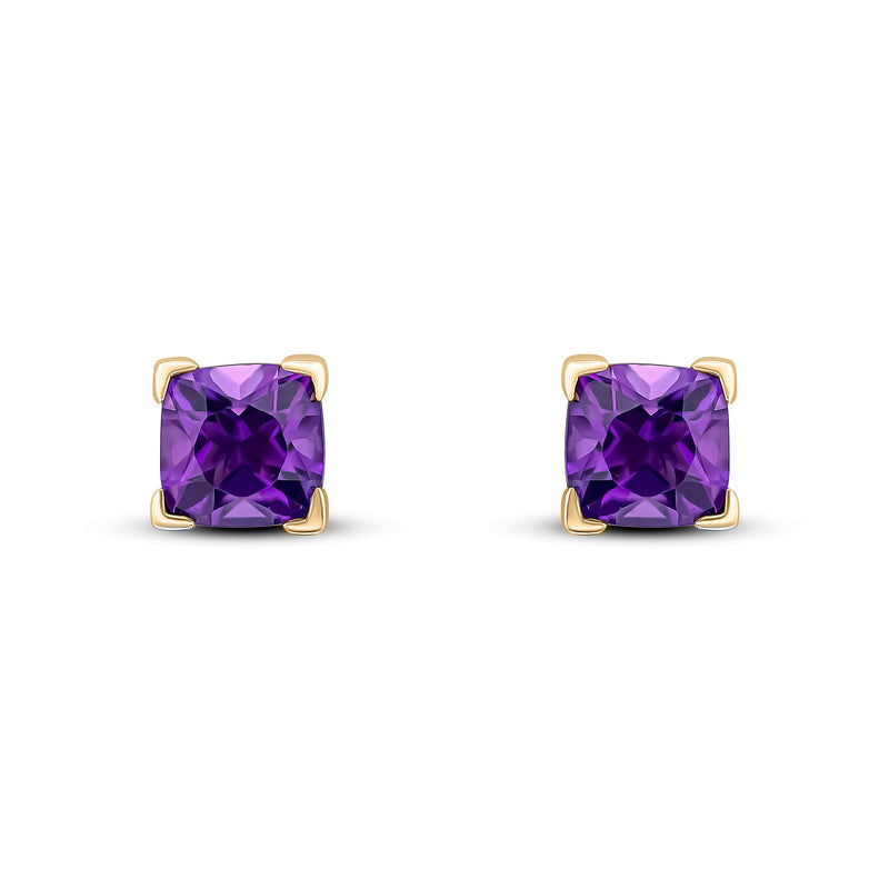 9ct Yellow Gold Cushion Natural Amethyst Claw Stud Earrings — 6mm