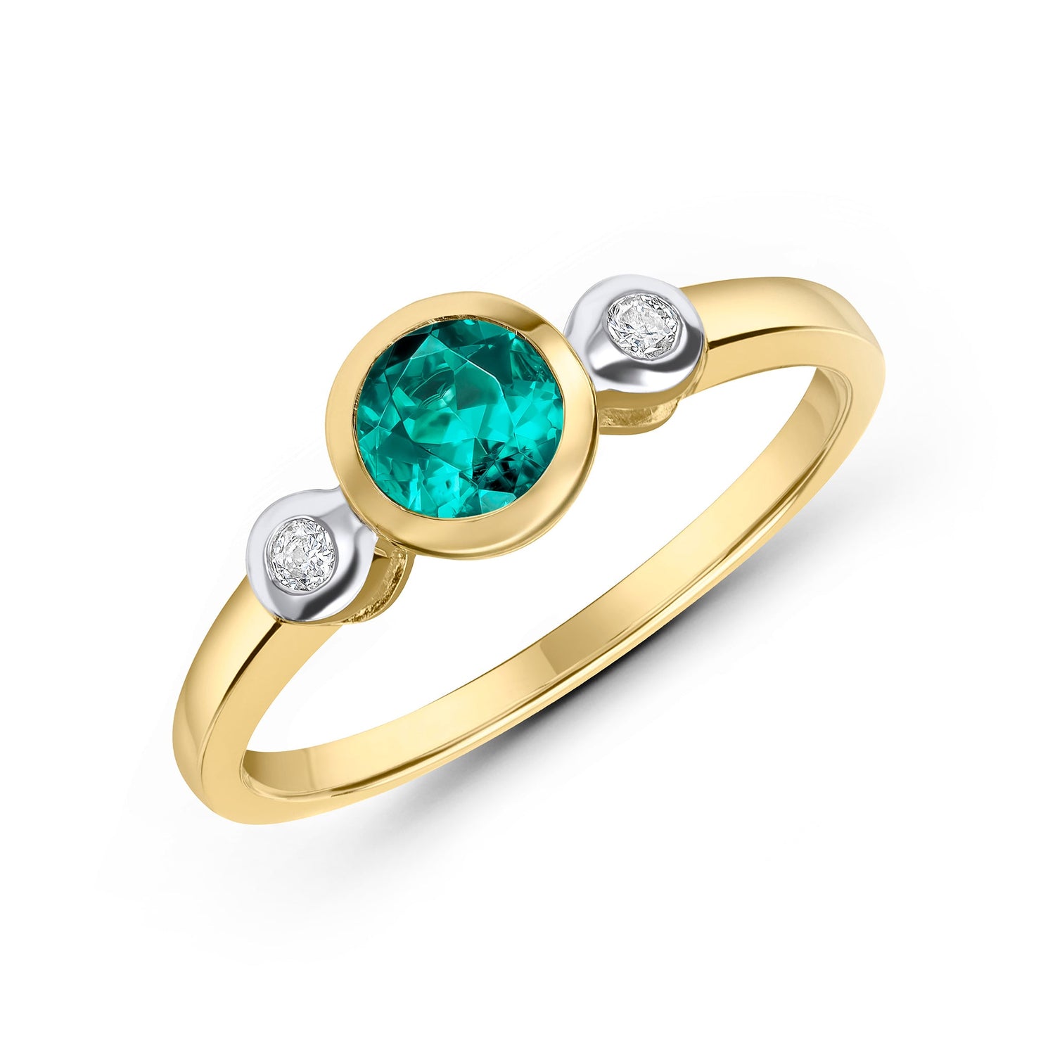 9ct Yellow Gold Round Green Tourmaline & Diamond Rubover Three Stone Ring — 5mm