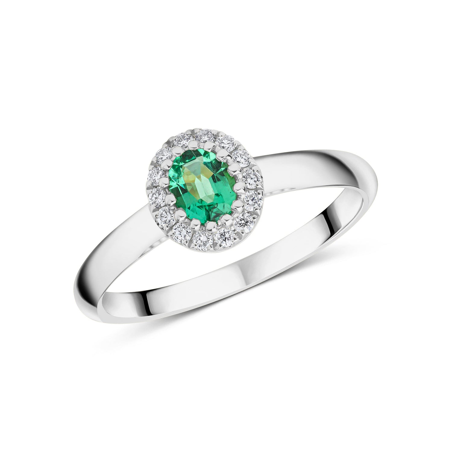 18ct White Gold Oval Emerald and Round Diamond Halo Cluster Ring — 5x4mm
