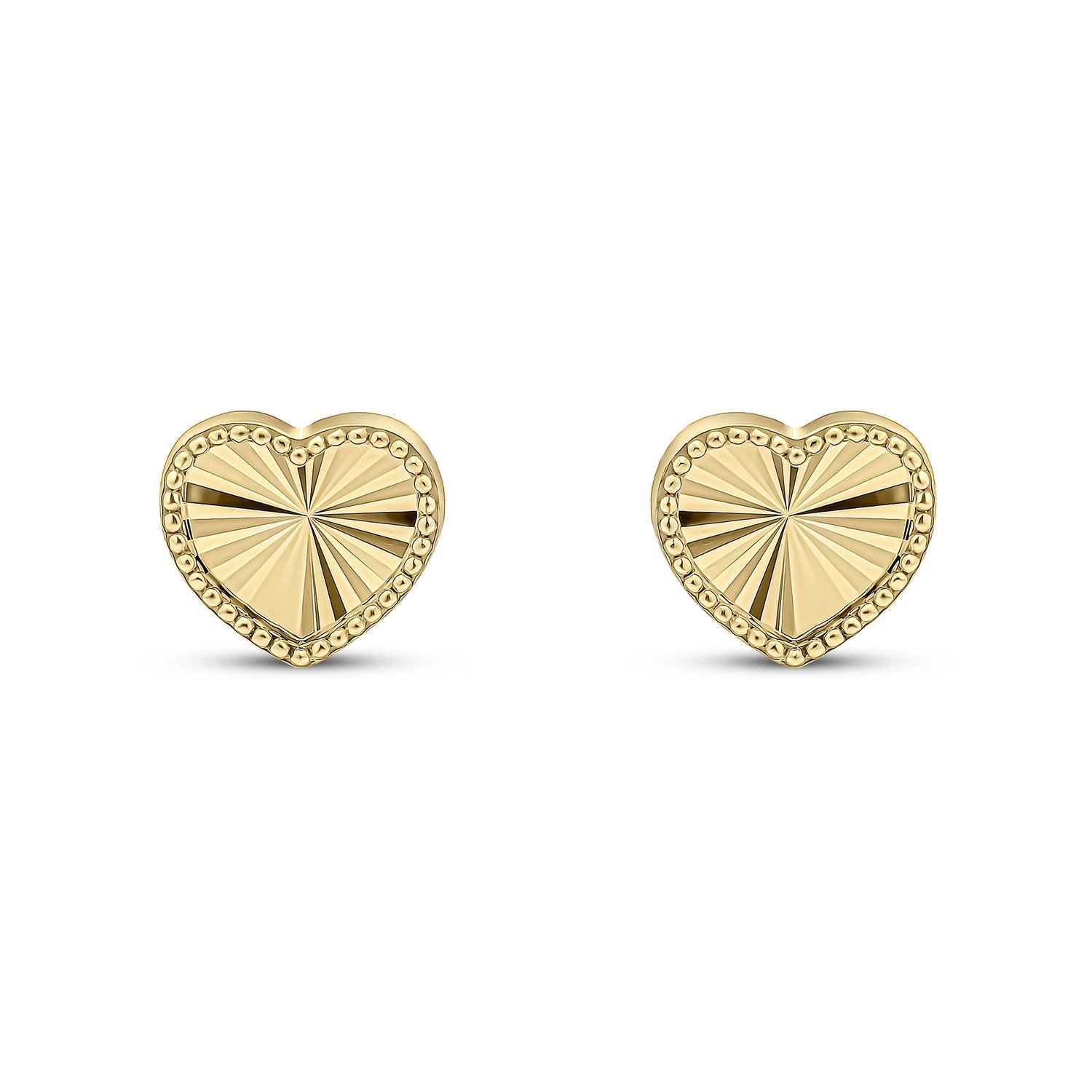 9ct Yellow Gold Diamond Cut Beaded Edge Heart Stud Earrings -- 9mm
