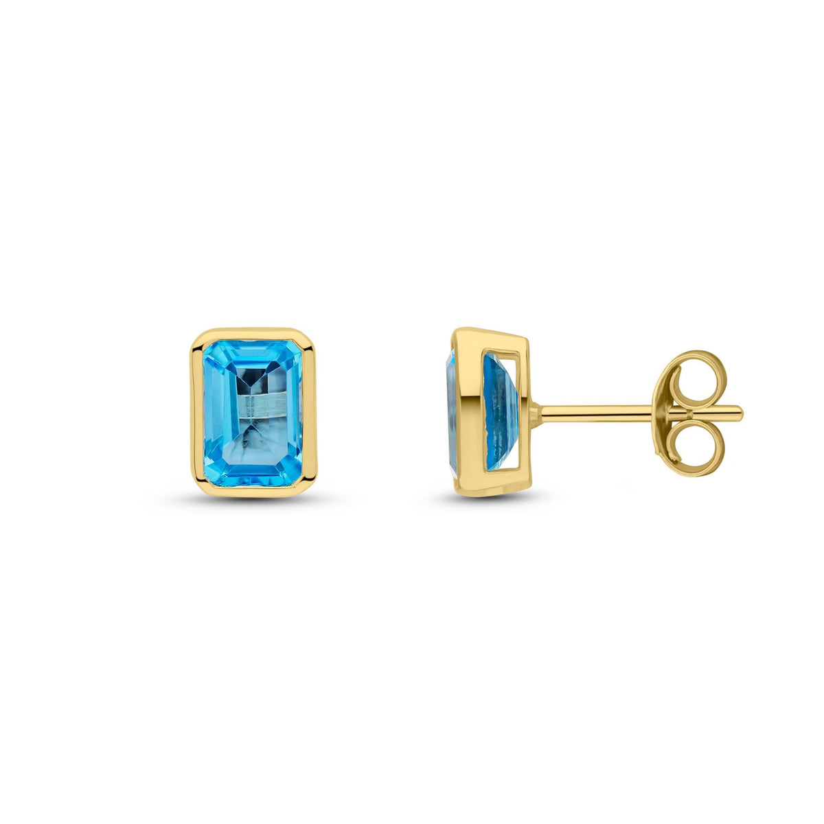 9ct Yellow Gold Octagonal Emerald Cut Natural Swiss Blue Topaz Rubover Stud Earrings — 7x5mm