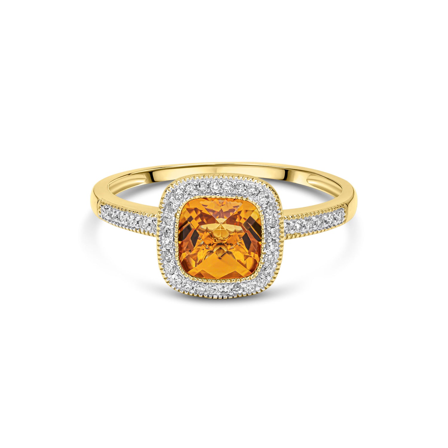 9ct Yellow Gold Cushion Natural Citrine and Diamond Halo Ring — 7mm